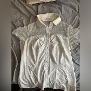 Belle Poque White Button Up Short Sheer Sleeve Blouse Heart Buttons Polka Dots